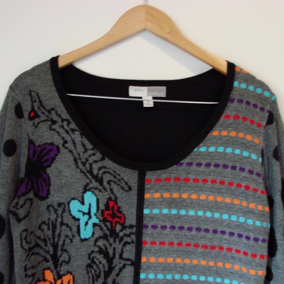 Gabby Isabella Tunic Sweater Colourful Floral Round Neck Gray Black Size Large - Picture 2 of 15